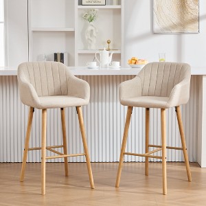 Modern Bar Stools Set of 2, Kitchen Island Tall Chairs with Back, Arm, Footrest and Solid Wood Leg, Linen Fabric Upholstered Bar Stools - 1 of 4