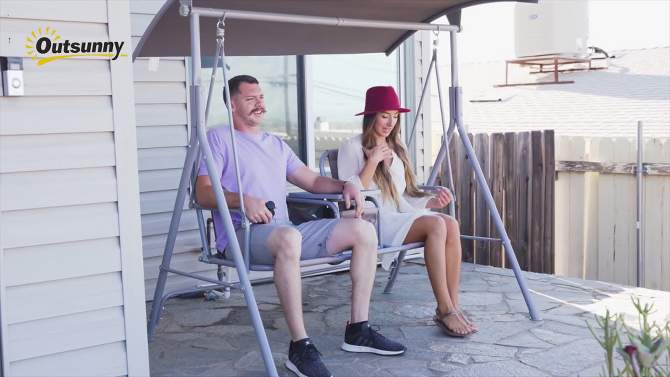 Outsunny 2 Person Porch Swing with Stand, Outdoor Swing with Canopy, Pivot Storage Table, 2 Cup Holders, Cushions for Patio, Backyard, Gray, 2 of 11, play video