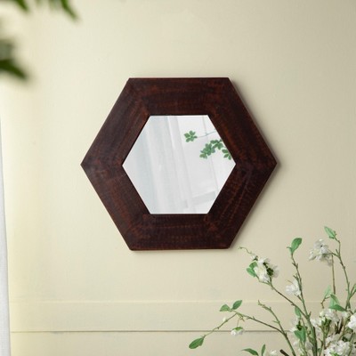 VYNXARIA 18.5" x 18.5" Hexagon Mirror with Solid Wood Frame, Wall Decor for Living Room Bathroom Hallway, Dark Brown
