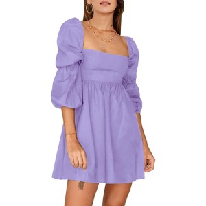 EXLURA Womens Square Neck Dress Long Puff Sleeve A-Line Casual Short Mini Dresses - 1 of 4
