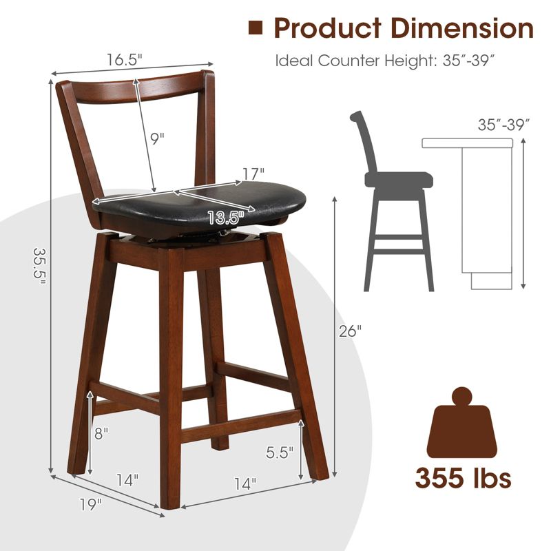 Costway Swivel Counter Height Bar Stool 26'' Upholstered PU Leather Hollow Backrest, 3 of 11