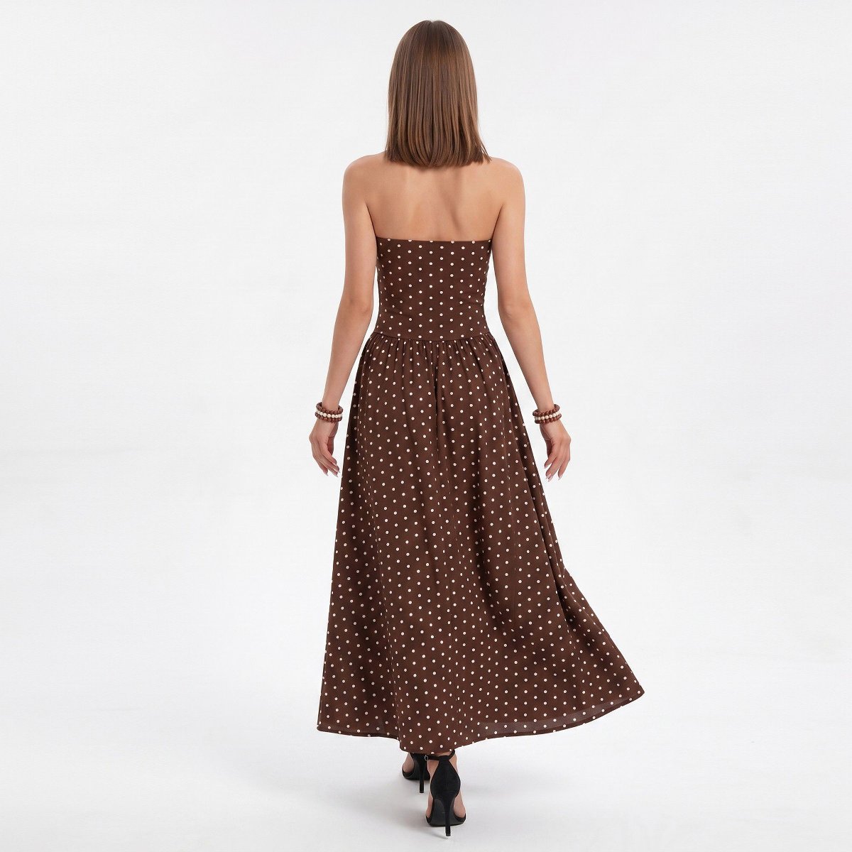 Женские платья Anna-Kaci Women's Polka Dot Strapless Maxi Dress with Ruched Bodice and Full Skirt - Small, Coffee — фото 4