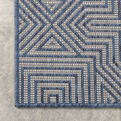 Reversible Abstract Blue Synthetic 4' x 6' Indoor/Outdoor Rug