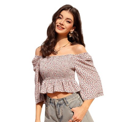 WhizMax Women Top Casual 3/4 Sleeve Floral Blouse Shirts Shoulder Tops Square Neck Floral Boho Smocked Blouses shirt