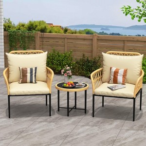 3-Piece Bistro Patio Set, All-Weather Wicker Conversation Set with Cushions & Coffee Table for Garden, Balcony, Deck, or Poolside ¨C Beige - 1 of 4