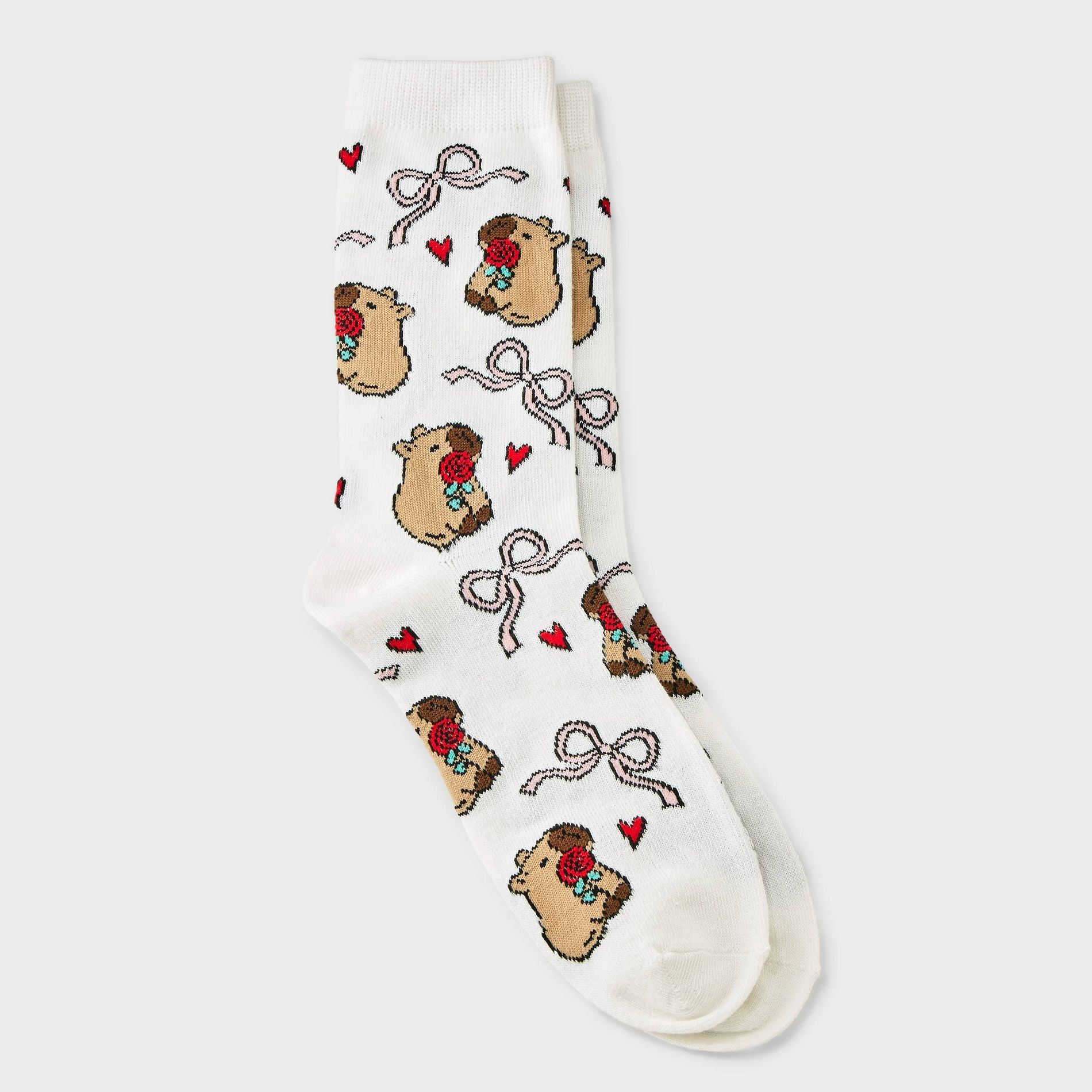 Women's Sweet Capybara Valentine's Day Crew Socks - Ivory 4-10