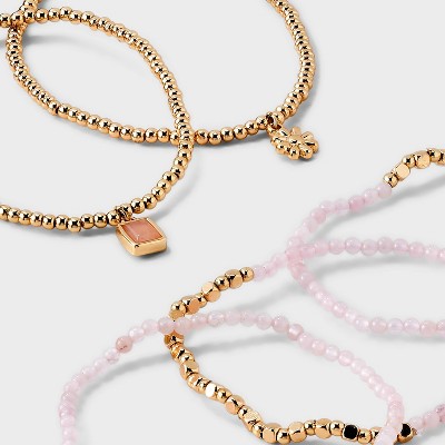 Beaded Stretch Charm Bracelet w Semi Precious Rose Quartz Set 5pc - Universal Thread&#8482; Gold/Pink_3