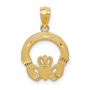 Black Bow Jewelry 14k Yellow Gold Satin & Diamond Cut Flat Claddagh Pendant, 14mm - 1 of 4