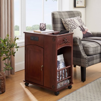 VYNXARIA Versatile Red Walnut End Table with Charging Station and Storage