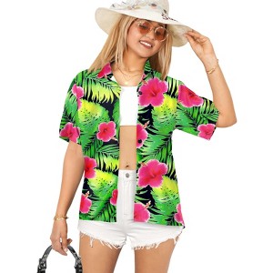 LA LEELA Women's Button Down Short Sleeve Blouse Tops Summer Hawaiian Club party Casual Tie Up Shirts for Women - 1 of 4
