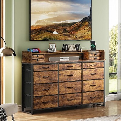 GALAXHERO 55''W Storage Organizer Unit – 16 Fabric Drawers with Charging Station, Large Storage Tower for Living Room & Hallway,Rustic Brown