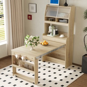 66'' Farmhouse Sideboard with Foldable Dining Table & Sliding Glass Doors, Space-Saving Storage Cabinet-3irtyhousy - 1 of 4