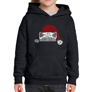 LA Pop Art Christmas Peeking Cat - Girl's Word Art Hooded Sweatshirt - 1 of 4