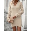 Women's Long Sleeve Crochet Hollow Sweater Dress V Neck Mini Fitted Knit Dress Dressy Casual Wedding Guest Dresses Off-white S - 3 of 4