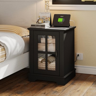 End Table with Charging Station, Storage Cabinet, and Adjustable Shelf, Modern Nightstand
