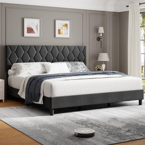 Bed Frame with Upholstered Headboard Platform Bed FrameWooden Slats Support and Mattress Foundation - 1 of 4