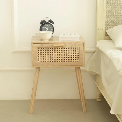 Rattan Nightstand, Bedside Table with Rattan Drawer, Wood End Table with Storage and Solid Wood Legs
