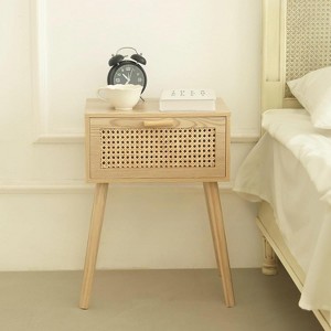 Rattan Nightstand, Bedside Table with Rattan Drawer, Wood End Table with Storage and Solid Wood Legs - 1 of 4