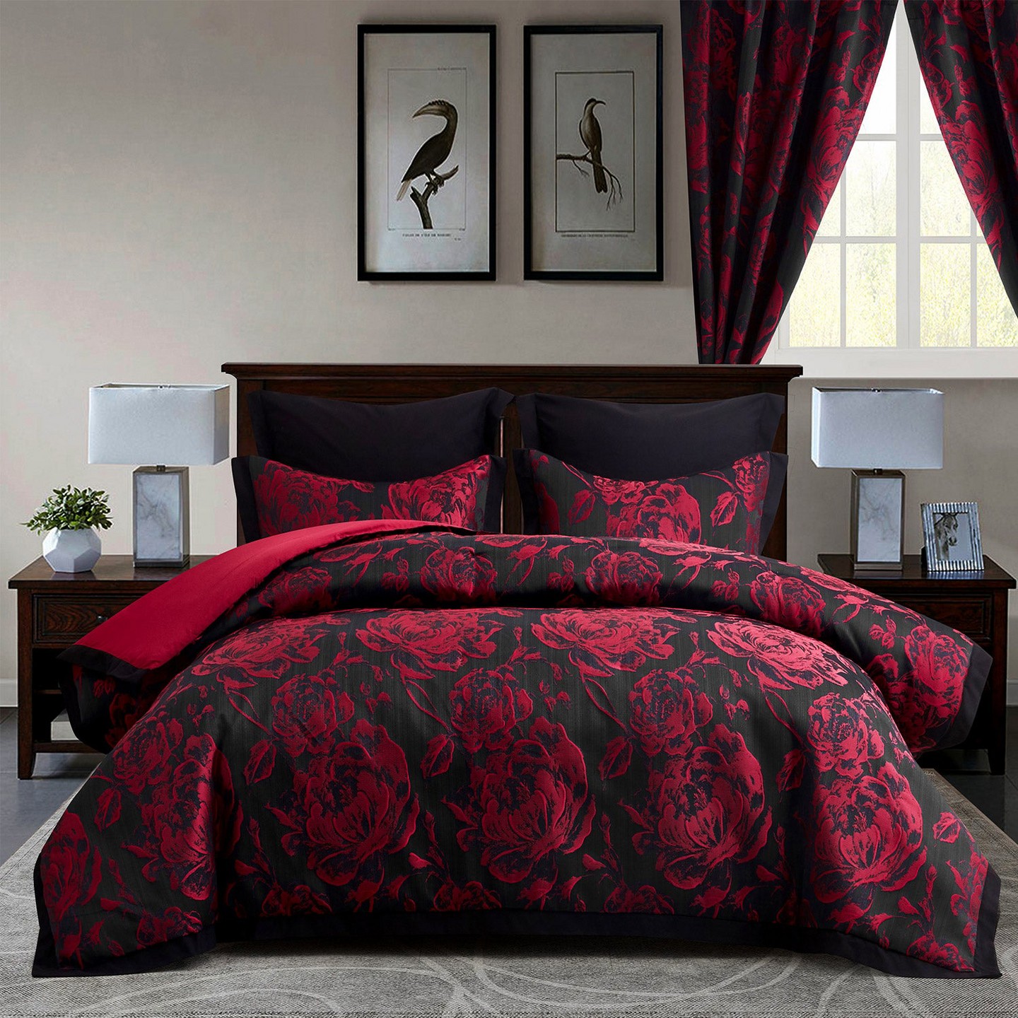 Комплект постельного белья HIG 7-Piece Burgundy Jacquard Bed in a Bag, Queen Size Comforter Set with Floral Damask Design, Red Rose Patchwork Bedding, Shams & Window Panels, цвет: Бордовый — фото 1