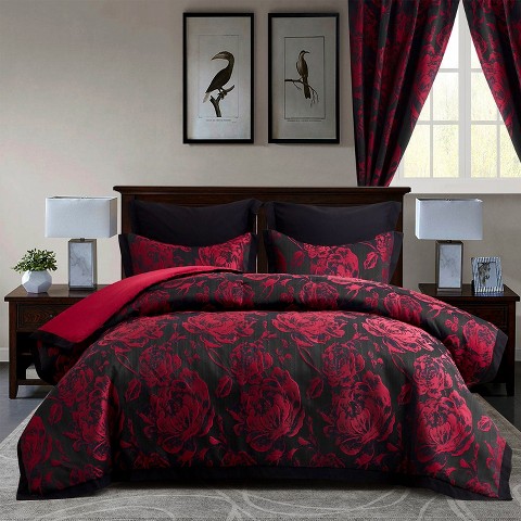 HIG 7-Piece Burgundy Jacquard Bed in a Bag, Queen Size Comforter Set with Floral Damask Design, Red Rose Patchwork Bedding, Shams & Window Panels