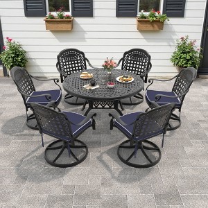 7-Piece Round Cast Aluminum Outdoor Patio Dining Set with Swivel Chairs & Blue Cushions & Umbrella Hole - 1 of 4