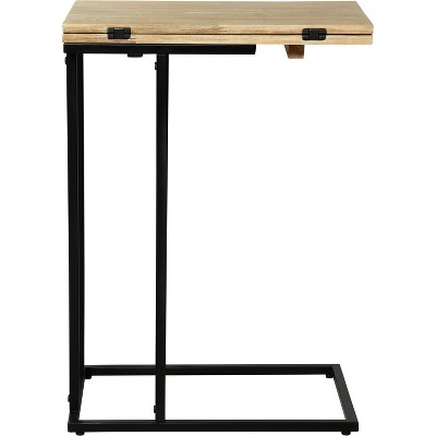 Expandable Natural Wood and Black Metal C-Shaped Side Table