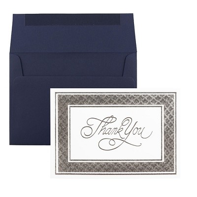 JAM Paper Thank You Card Sets Silver Border Cards with Navy Envelopes D41111TYBLMB