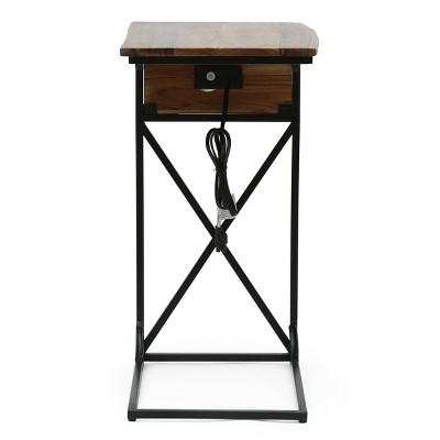 Beckstrom Modern Industrial Handcrafted Acacia Wood C Shaped Side Table with Charging Port Natural/Black - Christopher Knight Home