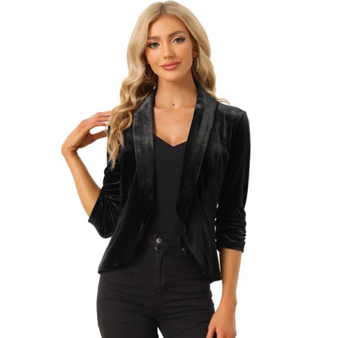 Women's Long Velvet Cardigan Jacket Lapel Collar Open Front