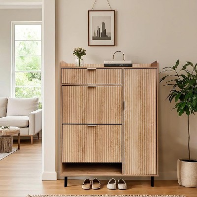 Shoe Cabinet Rattan with 2 Flip Drawers and 3-Tier Shoe Storage Cabinet, Narrow Shoe Rack Cabinet, Shoe Storage Cabinet for Entryway