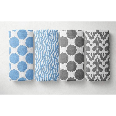 Bacati - Ikat Blue/Gray Swaddling Muslin Blankets set of 4