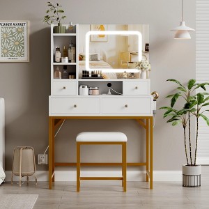 Vanity Desk and Stool with Mirror and Lights，Makeup Vanity with Charging Station - 1 of 4