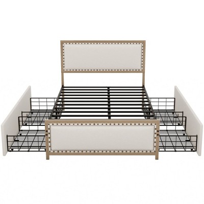 NicBex Full Size Upholstered Bed Frame with Nailhead Decoration and 4 Drawers for Adults/Boys/Girls,White+Brown