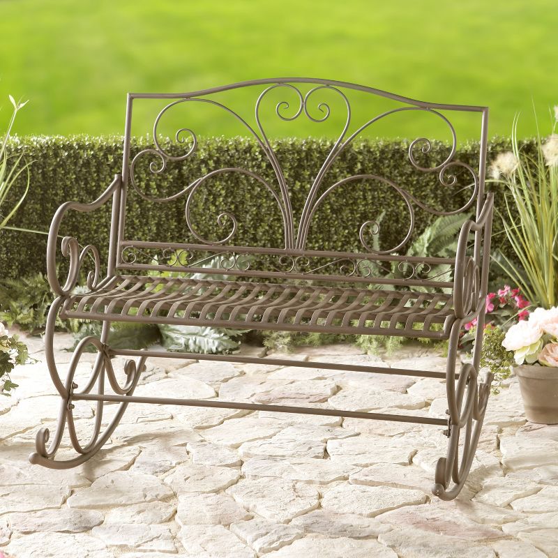 The Lakeside Collection Decorative Wrought Iron Outdoor Metal Rocking Bench, 4 of 8