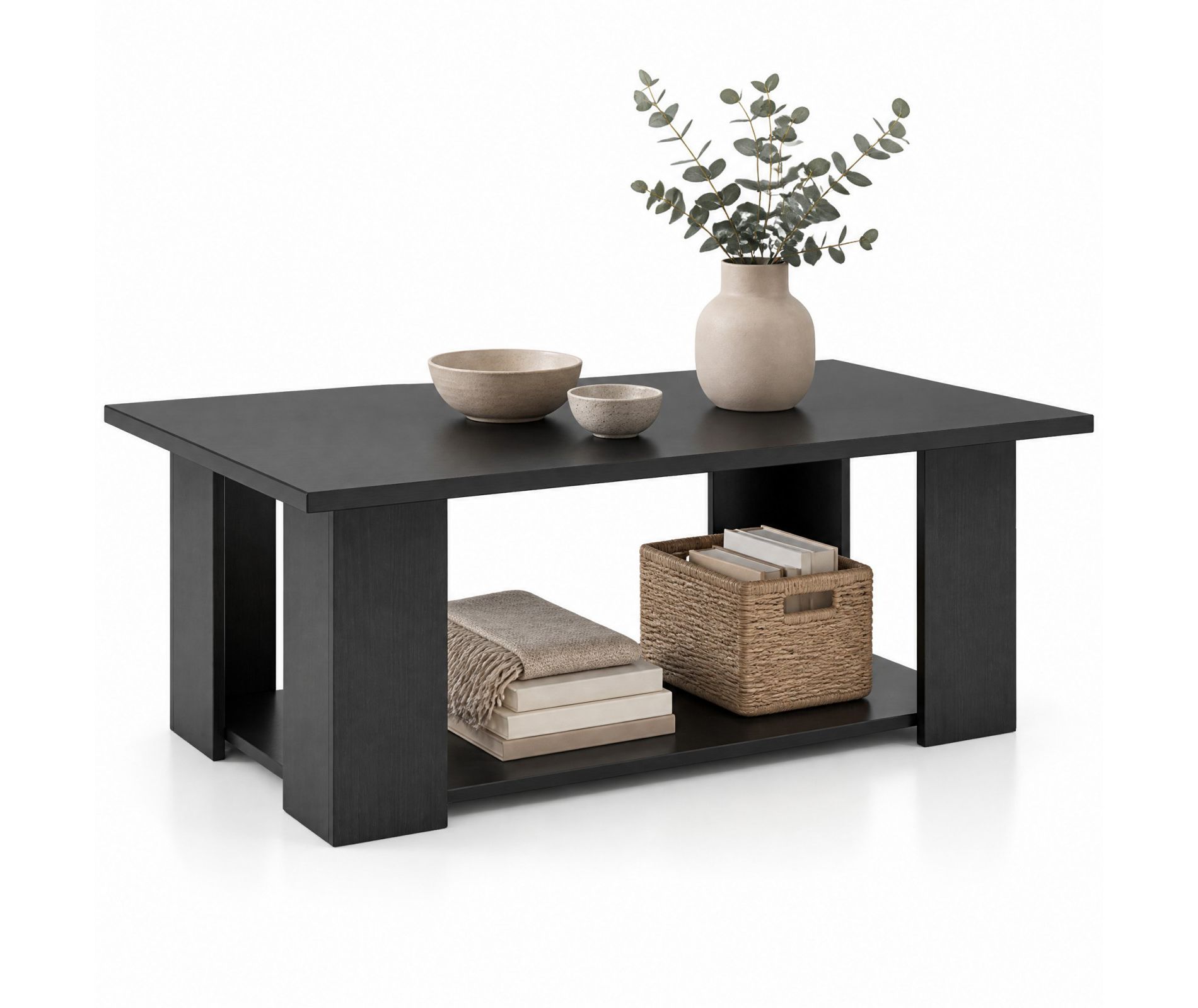Costway Coffee Table 2-Tier Modern Center Cocktail Table with Storage Shelf for Living Room Black/Brown/White