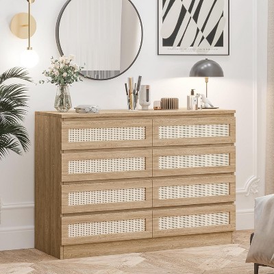 Garvee 8 Drawer Dresser for Bedroom, Rattan Closet Chest Sturdy Handles, Wooden Dresser Storage Organizer for Living Room, Nursery, Entryway