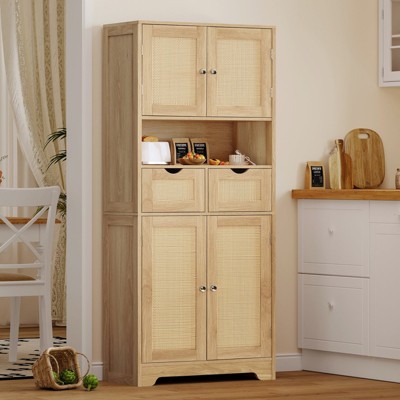 USIKEY Tall Bathroom Storage Cabinet with 2 Drawers & 2 Adjustable Shelves, Bathroom Storage Cabinet with 4 Doors, for Living Room, Entryway