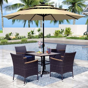Captiva Designs 6pc Patio Slat-top Black Dining Table & Crescent Arm Rattan Chairs & Market Umbrella - 1 of 4