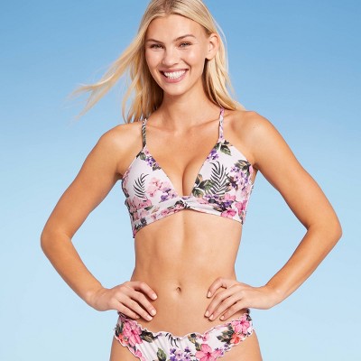 Women's Lightly Lined Twist-Front Plunge Bikini Top - Shade & Shore™ White Tropical Print