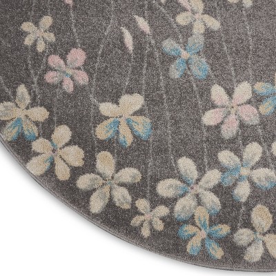Handmade Round Grey and Beige Floral Synthetic Area Rug