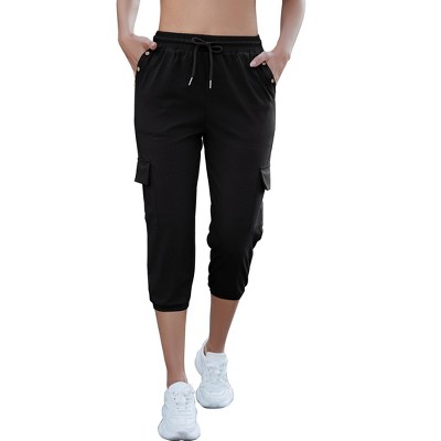 Womens Athletic Pants Capri Jogger Pants Full Elastic Waist Drawstring Ribbed Cuff Sweatpants with Side Pockets