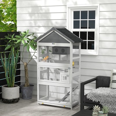 Outdoor Wooden Bird Aviary with Slide Out Tray Perches and Birdhouse,67'' Large Parakeet Finch Cage with Doors and Ladder - LAOTIES