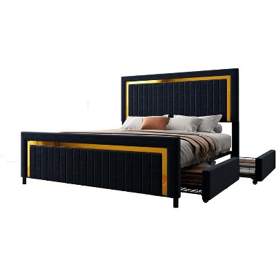 AMERLIFE Upholstered Platform LED Bed Frame with 4 Storage Drawers, Adjustable Headboard with Vertical Channel Design