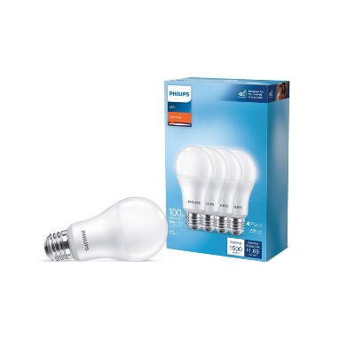 Philips LED 100W Frosted Soft White Non-Dim A19 4P (Non-T20): 1500 Lumens, E26 Base, 2700K, 10-Year Life, 4-Pack