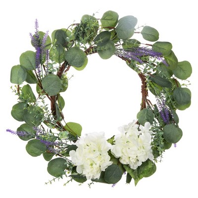 18 Inch Artificial Eucalyptus Wreath with Hydrangea & Lavender, Green Spring Summer Wreath
