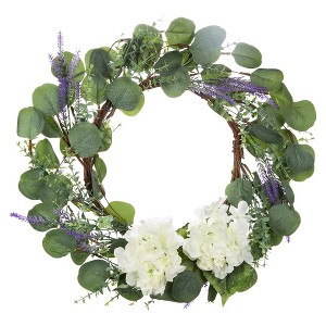 18 Inch Artificial Eucalyptus Wreath with Hydrangea & Lavender, Green Spring Summer Wreath - 1 of 4