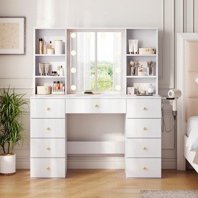 47" Make Up Vanity Desk with Mirror, Lights, Shelves & Charging Station