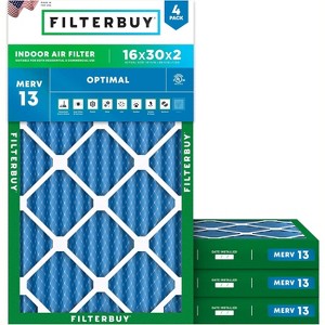 Filterbuy 16x30x2 Air Filter (4-Pack), Pleated MERV 13 Health Defense Replacement HVAC AC Furnace Filters (Actual Size: 15.69 x 29.69 x 1.75) - 1 of 4