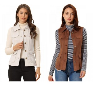 INSPIRE CHIC Women's Buttoned Sleeveless Faux Suede Utility Vest with Cargo Pocket 2 Packs - 1 of 4