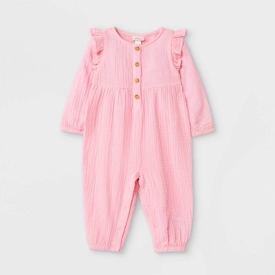 Image of Baby Girls' Gauze Long Sleeve Romper - Cat & Jack™ Pink 6-9M